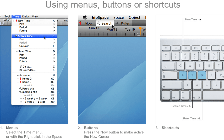 Using menus, buttons or shortcuts